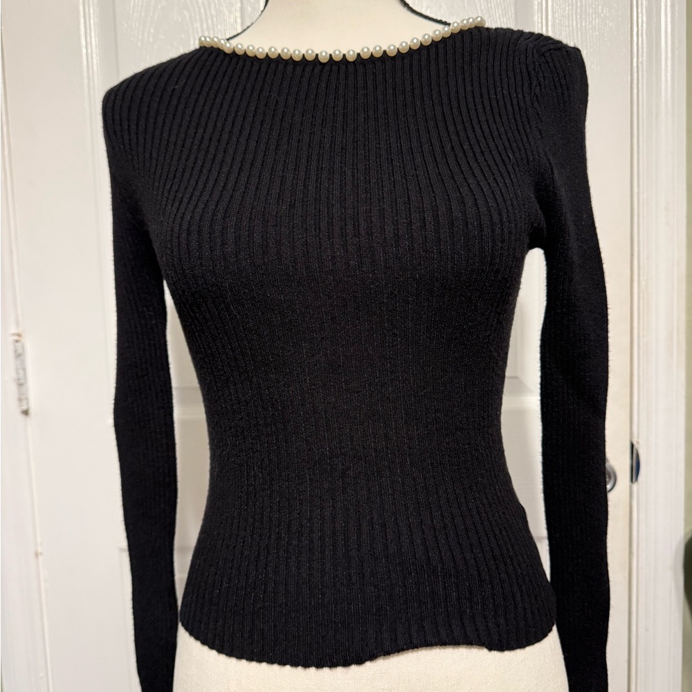 Sweet Rain Black Ribbed Sweater with Pearl Accent